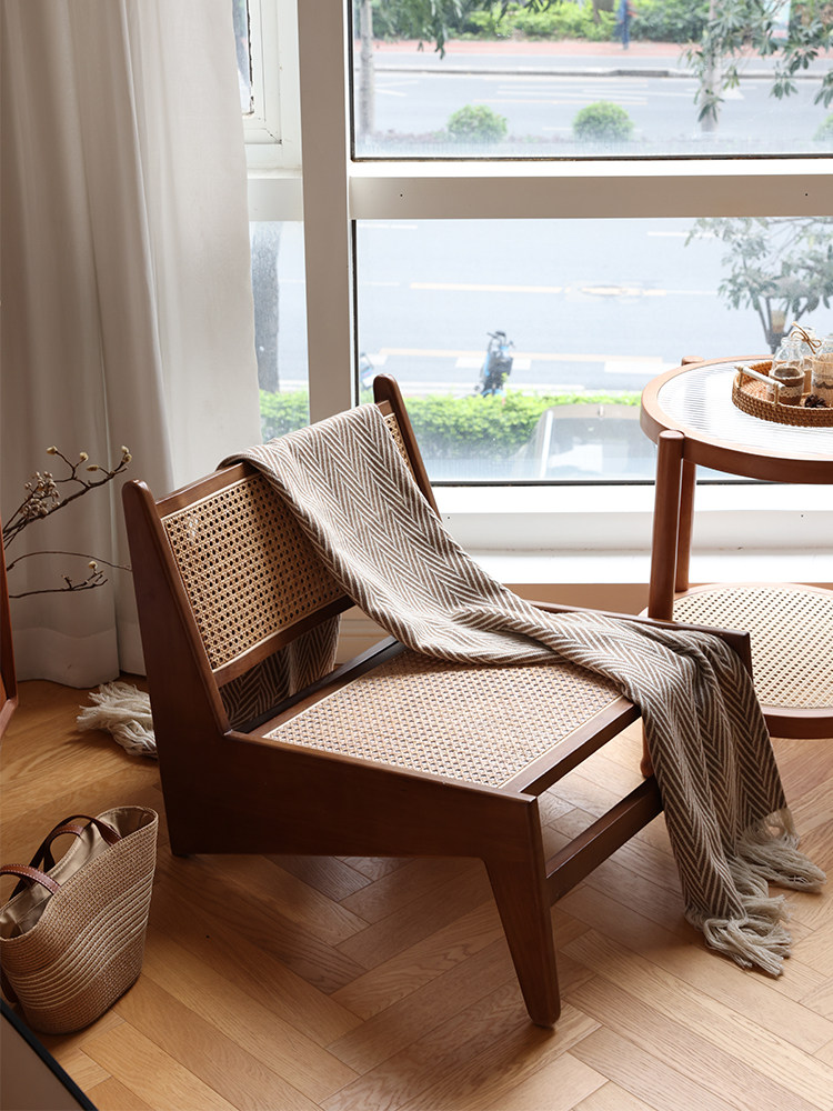 中古实木单人沙发椅子小户型客厅日式藤椅设计师阳台单椅休闲躺椅