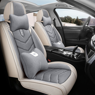 汽车坐垫四季通用五座全包座椅套夏季亚麻汽车布艺坐垫高级感车套