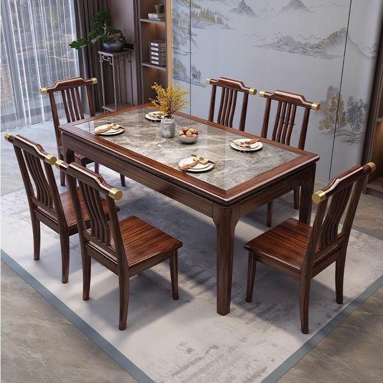 新中式乌金木全实木餐桌长方形桌岩板耐用家用餐厅吃饭4-6人桌子