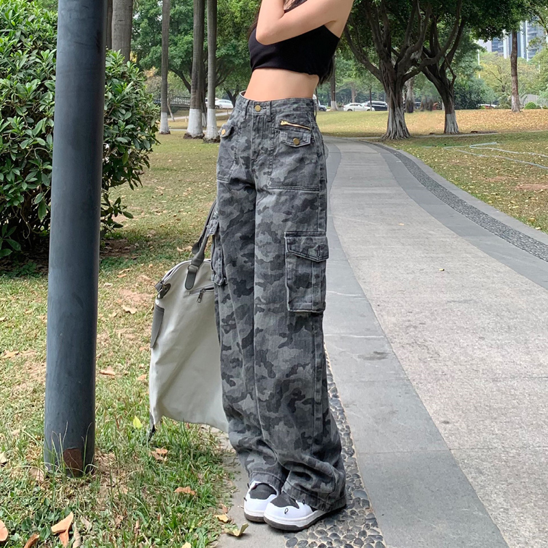 迷彩工装裤女辣妹高街宽松202z3春季新款高腰阔腿牛仔裤显瘦拖地