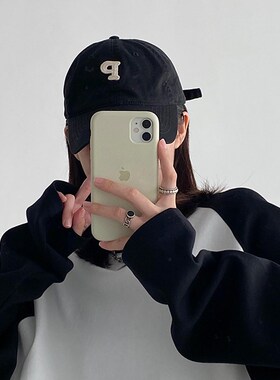 sun柚 黑白色拼接插肩袖长袖T恤女春季新款宽松内搭打底衫上衣