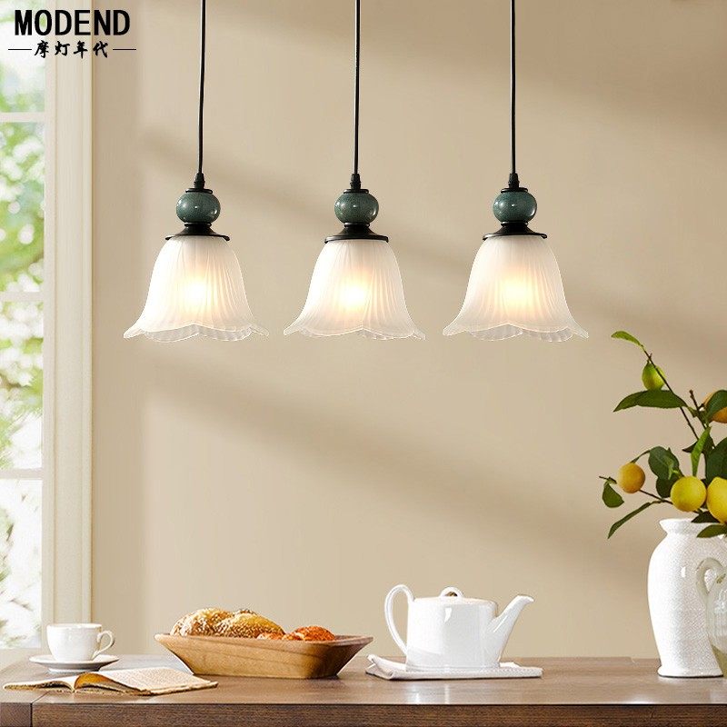 美式乡村田园餐厅吊灯简约创意吧台餐桌陶瓷复古三头北欧艺术灯具