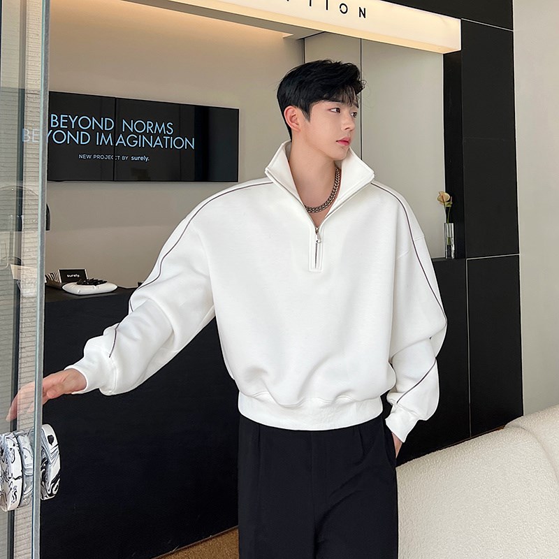 秋季半拉链重磅抗皱空气层撞色拼接嵌条立领卫衣男高级感廓形外套