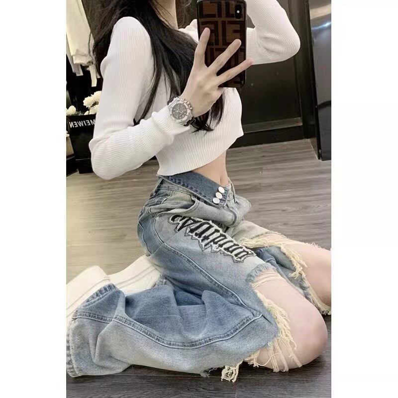 美式街头辣妹字母绣花破洞牛仔裤女夏季设计感乞丐直筒窄版阔腿裤