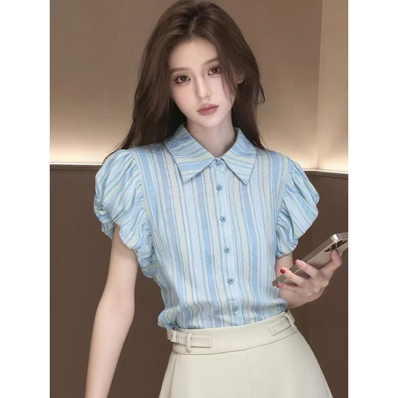 法式蓝色polo领条纹短袖衬衫女2026新款夏季设计感衬衣泡泡袖上衣
