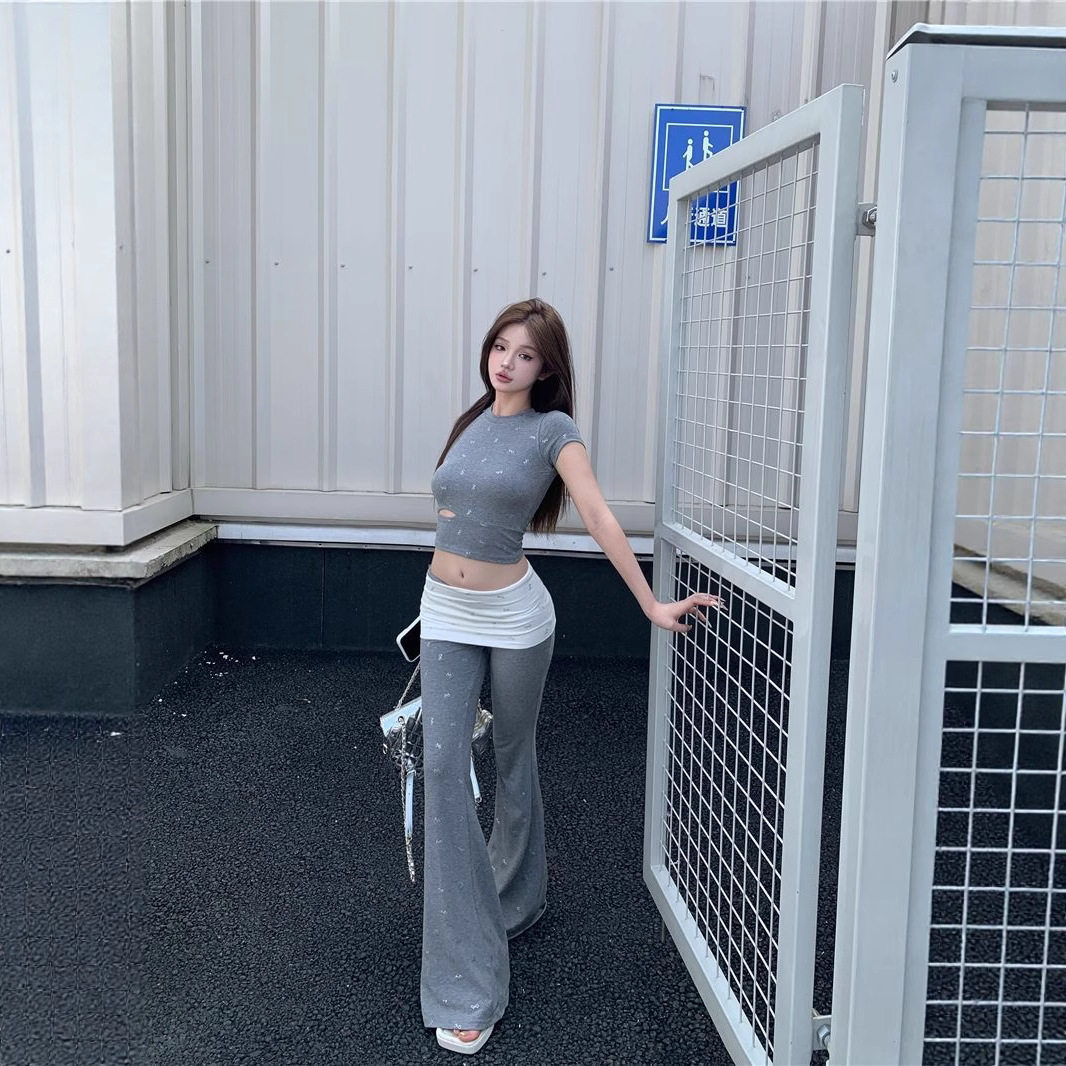 蝴蝶结镂空辣妹短袖T恤女夏季设计感套装撞色微喇叭休闲裤两件套