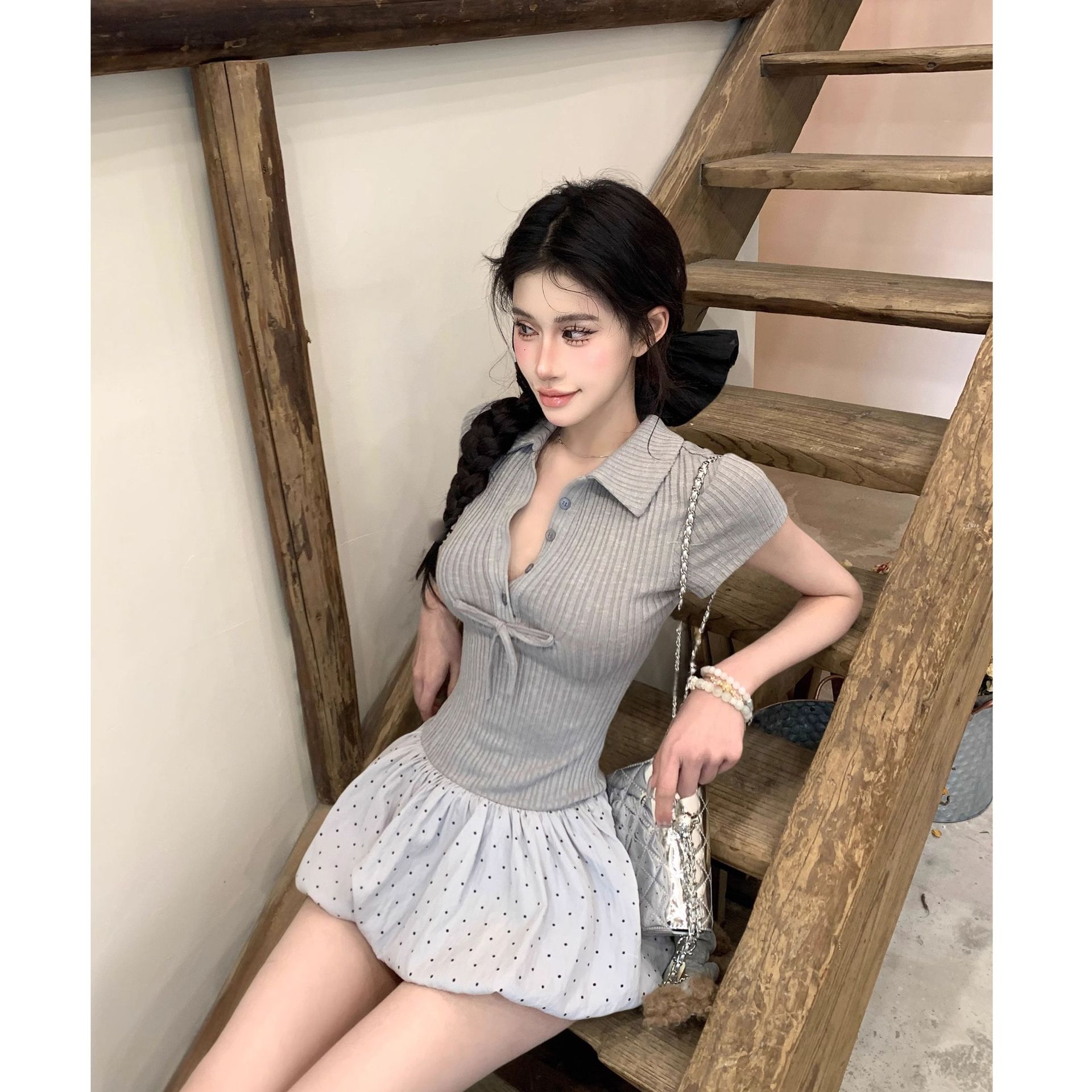 kumikumi芭蕾风针织拼接连衣裙女夏季小个子蓬蓬裙收腰减龄短裙子