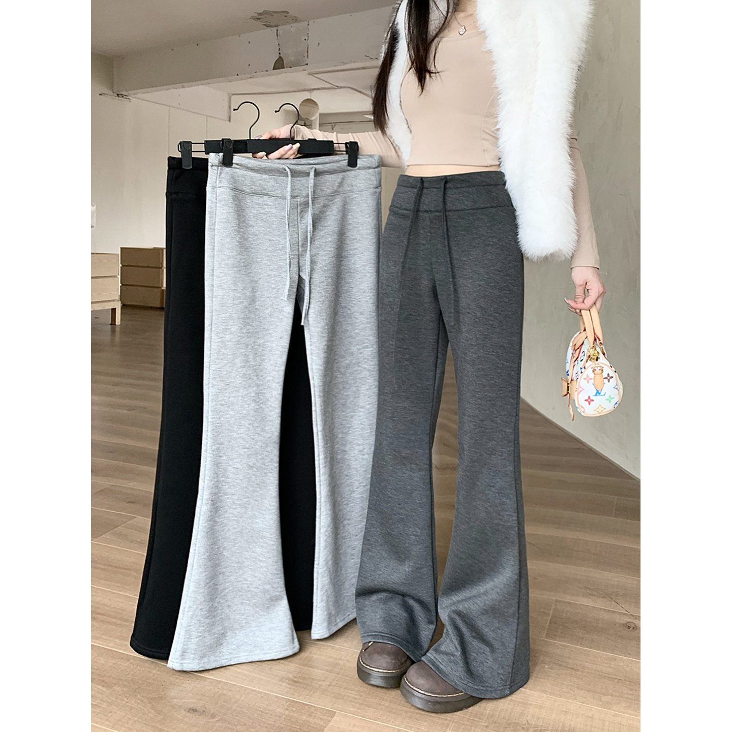 2025新款抽绳系带松紧腰微喇叭低腰休闲裤女