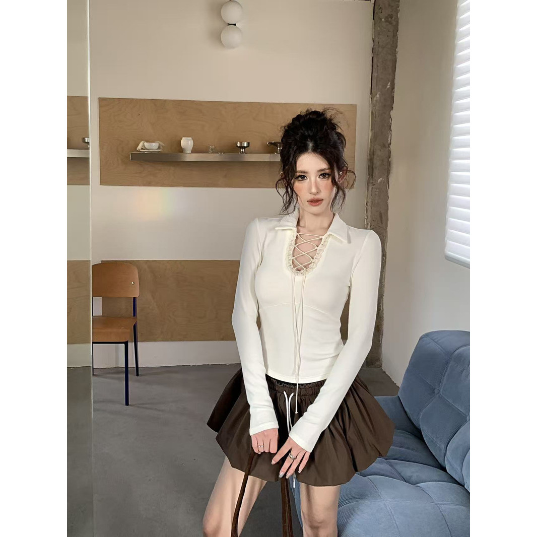 辣妹镶钻镂空绑带修身显瘦长袖T恤设计感内搭打底衫