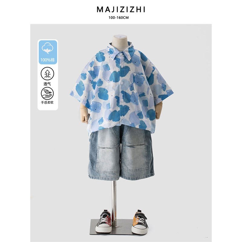 【60支/显白/纯棉】儿童花衬衫男童短袖衬衣中小童宝宝宽松夏装潮