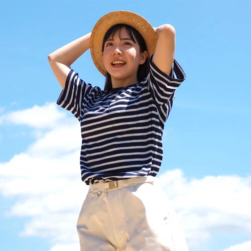 女春夏丝光美利奴羊毛条纹宽松短袖速H干衣透气圆领户外美丽诺t恤