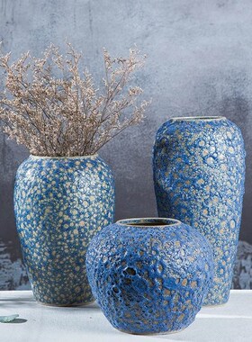复古新中式蓝色泡泡釉粗陶台面陶瓷干花花瓶插花器客厅摆件装饰品