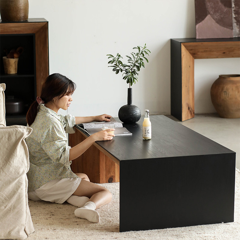 侘寂风黑色茶几长方形实木老松木+橡木贴皮家用小户型客厅家具
