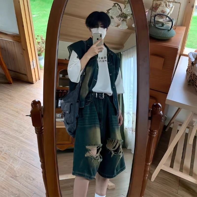 美式复古休闲牛仔套装男夏季高级感马甲短裤两件男装一套搭配帅气