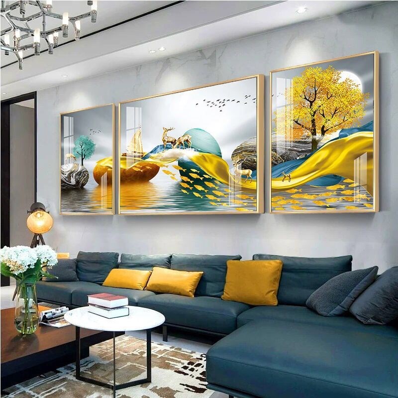 客厅装饰画现代中式晶瓷油画三联画F沙发背景墙壁画麋鹿发财石来图片