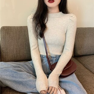 泡泡袖打底衫女春秋2024新款洋气半高领上衣O修身薄款内搭显瘦毛