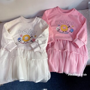 90 100码春秋童装 女童w儿童宝宝纯棉假两件连衣裙纱纱裙公主裙