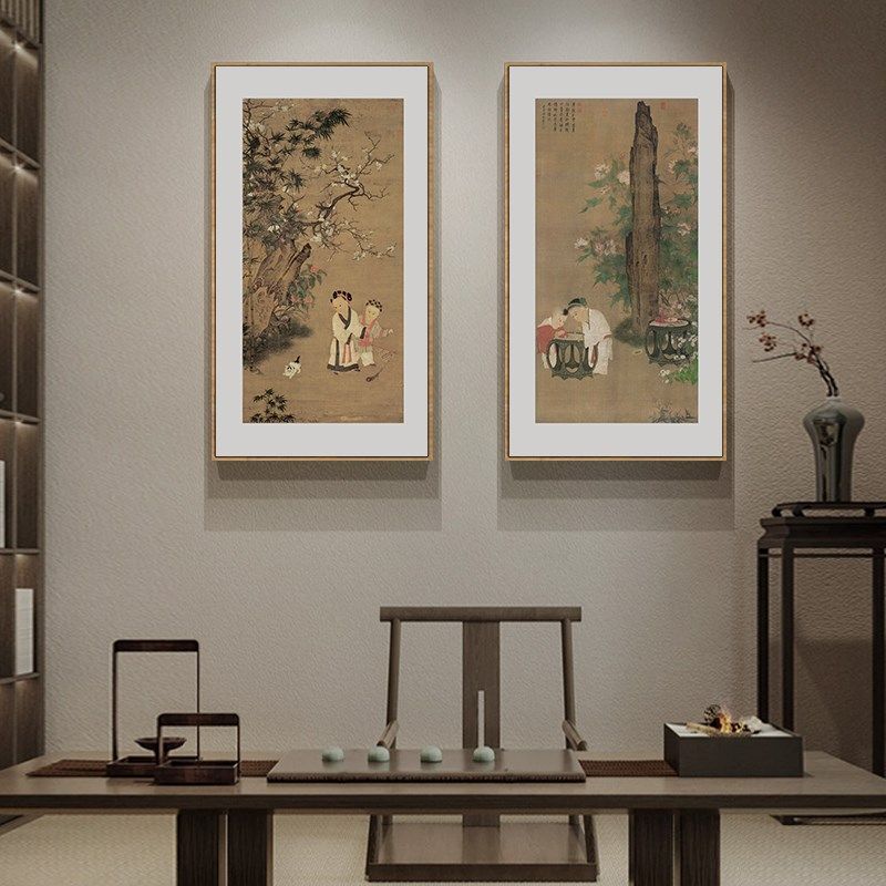 冬日戏婴图名画唐宋古典人物国画新中式客厅书房玄关挂画茶室壁画