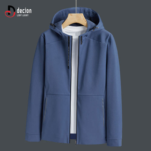 帝客堡春季新款高端软壳衣外套男士连帽薄绒夹克卫衣春秋蓝色上衣