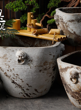 复古陶瓷仿古大缸大花盆鱼缸落地摆件庭院园林粗陶手工流水山云盆