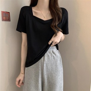夏季 胖MM2 T恤女新款 方领锁骨短袖 宽松百搭显瘦正肩上衣 300斤大码