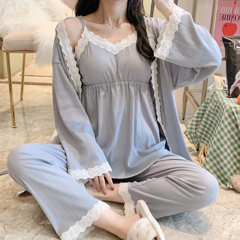 孕妇睡衣春夏产后哺乳喂奶带胸垫三件套月子服纯棉怀孕期3月份4秋