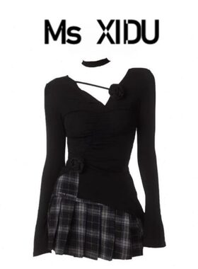 Ms XIDU美式抽褶花朵长袖T恤女辣妹不规则上衣百褶裙两件套装早秋