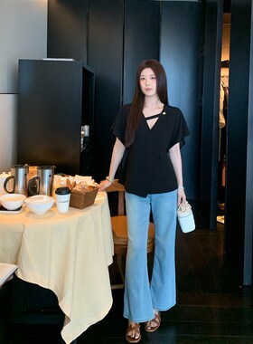 NAZ那子大码夏季仿三醋荷叶袖黑色V领T恤胖mm气质韩系显瘦上衣女