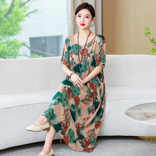 夏季中老年妈妈纯棉绸连衣裙女大码高级感家居服睡衣宽松短袖睡裙