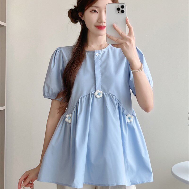 孕妇装夏季服装立体花短袖上衣宽松大码休闲娃娃夏季怀孕服装时髦