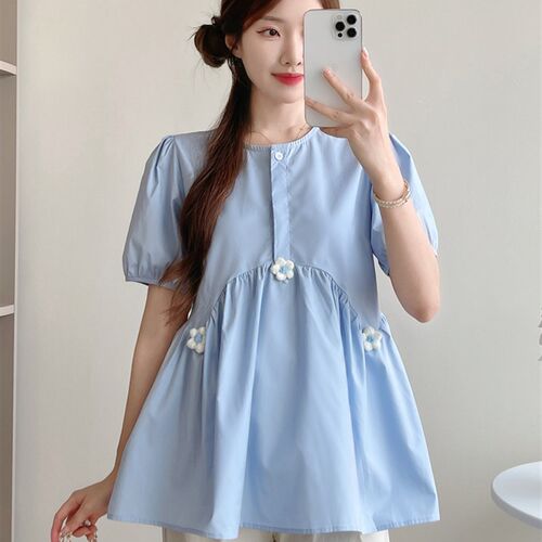 孕妇装夏季服装立体花短袖上衣宽松大码休闲娃娃夏季怀孕服装时髦