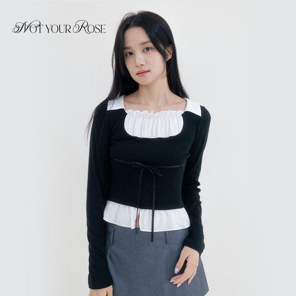 张楚寒同款丨Notyourrose秋25年新款假两件休闲拼色叠穿荷叶边T恤