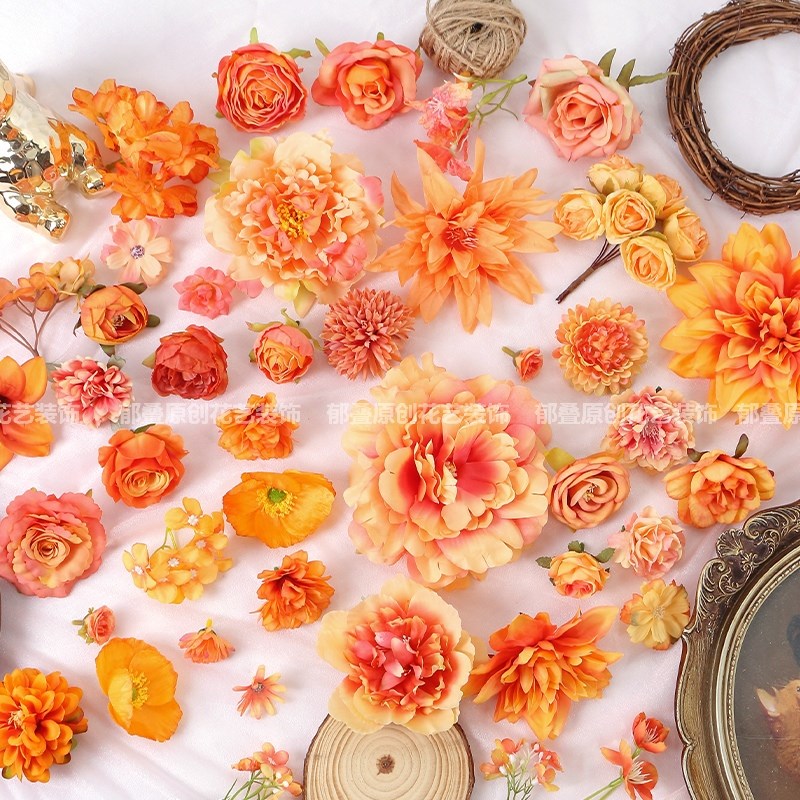 速发橙色服花朵 绢花橘色假花手工照艺 系饰配件 谷美拍花道具