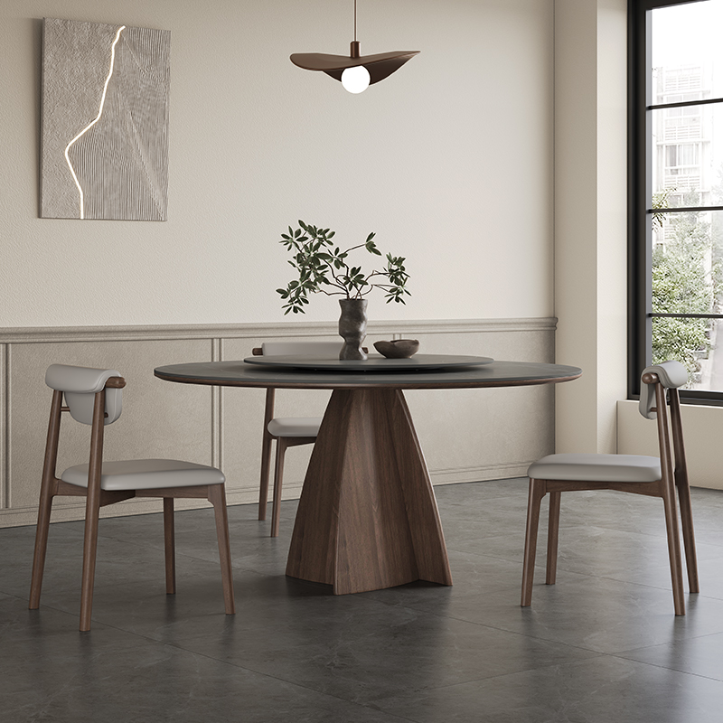 速发侘寂风实木餐桌圆形带转盘简约家用小极型意式简户哑光岩板餐