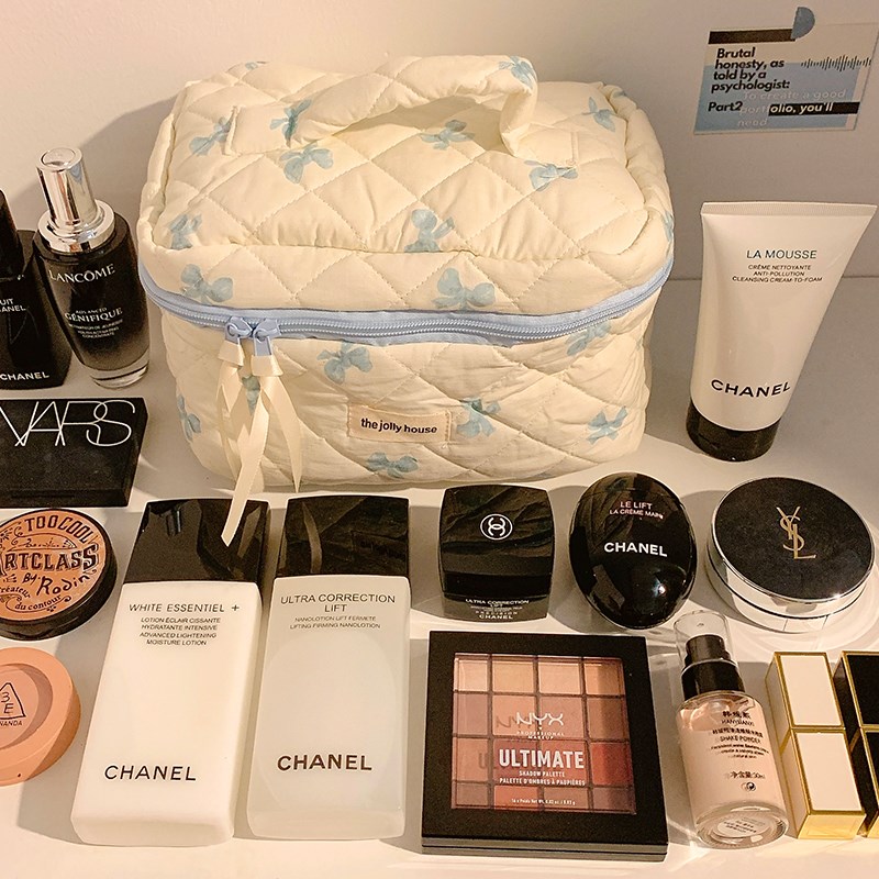 速发好可爱!奶蓝色蝴蝶结便携旅行大容量化妆品洗漱包