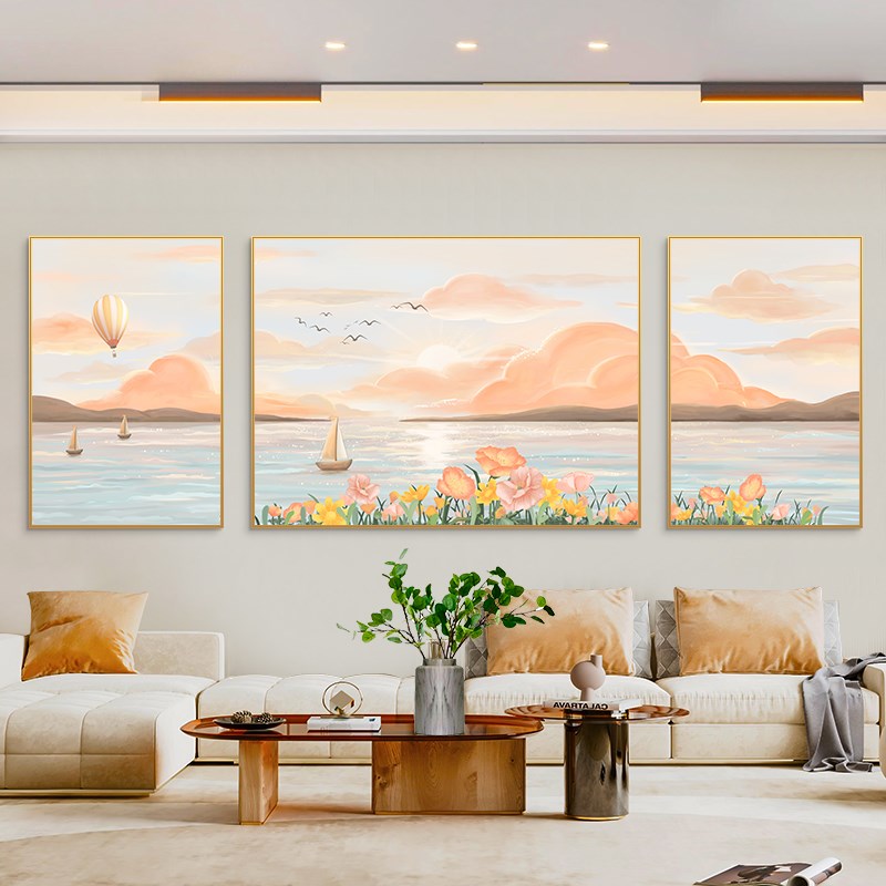 速发北厅装饰画三联画壁小沙发背景墙挂画日出风景约清新简画