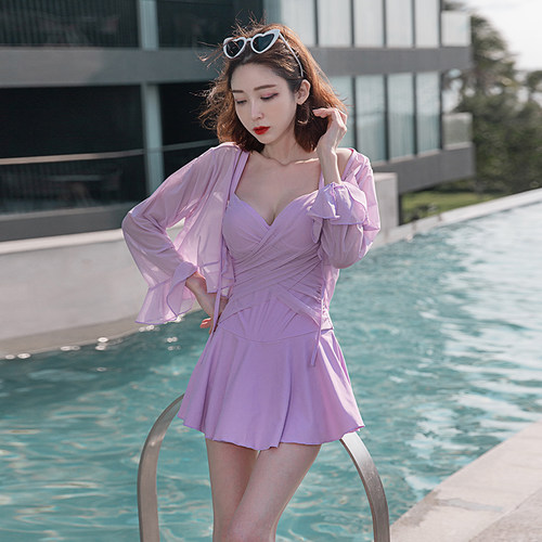 速发士202新款连体裙式保守长袖大胸聚拢钢温遮肚托泉泳装