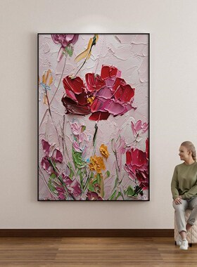 速发手绘肌理油画客厅装饰画轻奢花朵壁画侘画玄风关墙寂餐厅落地