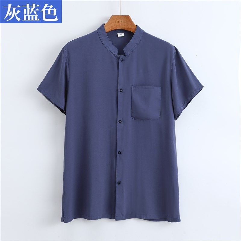 夏季棉绸衬衫宽松大码薄款u爸爸人造棉立领短袖开衫睡衣爷爷家居