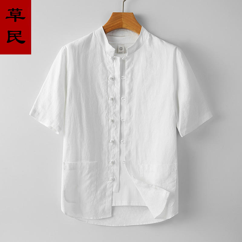 100%纯麻短袖衬衫男薄款复w古中式盘扣亚麻衬衣中年小立领麻料唐