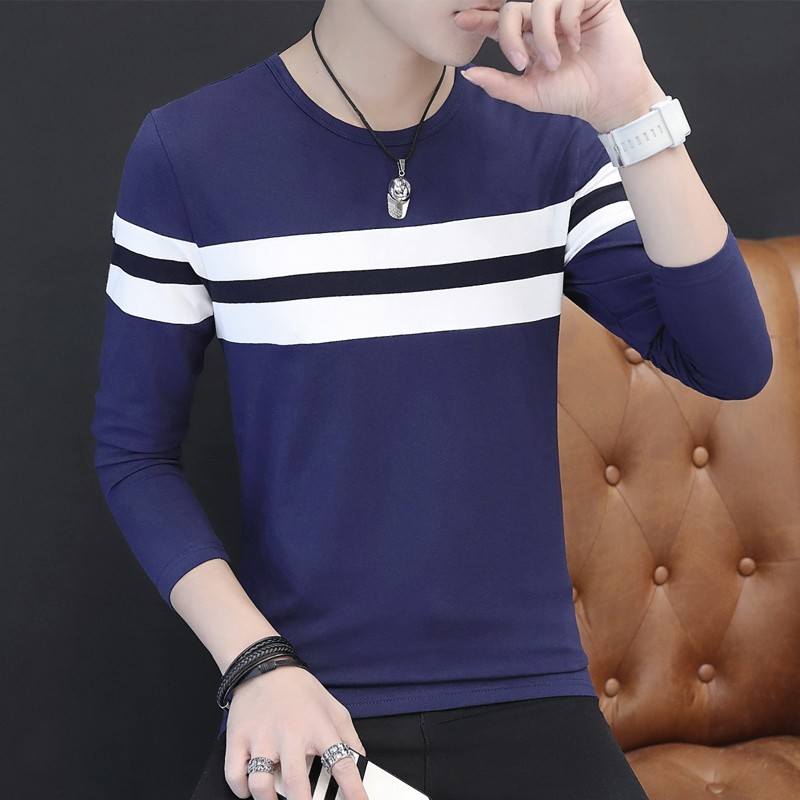 长袖T恤男春秋i季打底衫秋衣体桖上衣服青少年薄款条纹长衫男