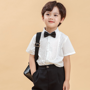 短袖 男宝褶皱衬衣夏季 短裤 韩版 男童表演礼服洋 套s装 儿童白色衬衫