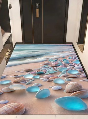 进门耐脏高d颜值蓝色大海沙滩入户地垫走廊厨房整体吸水防滑地垫