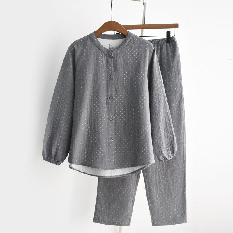 色织提花点点日系睡衣女士春秋季纯棉纱布薄N款圆领长袖家居服套