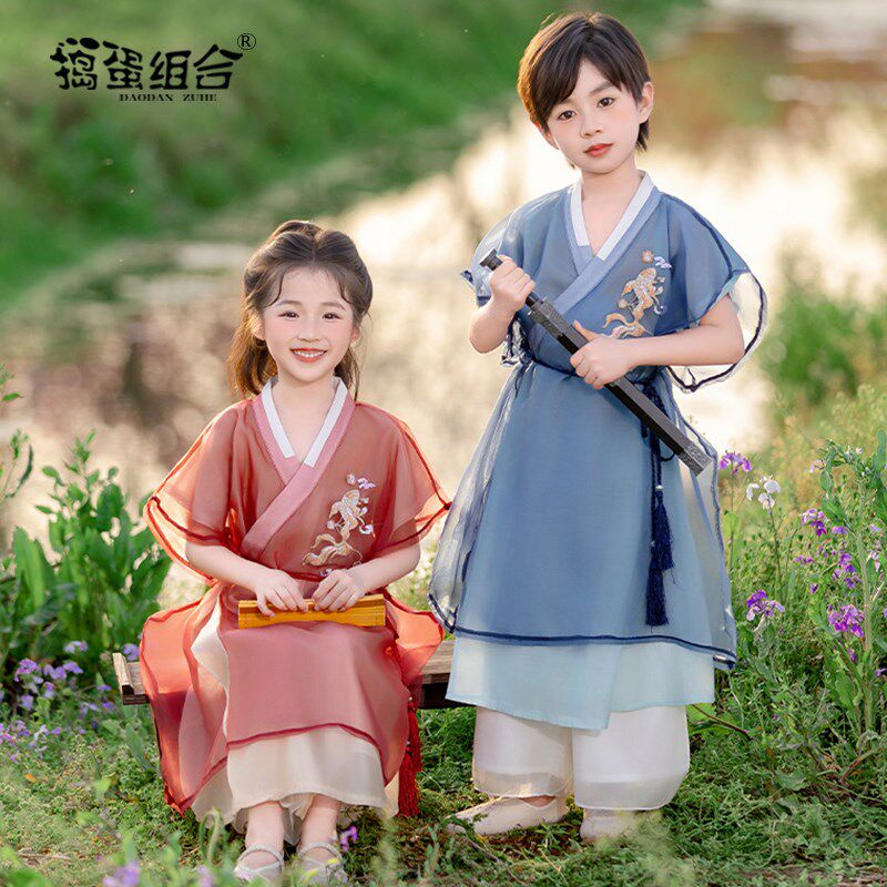 男童汉服夏季薄款短袖飞鱼t服宋制长袍中国风古装幼儿园六一演出
