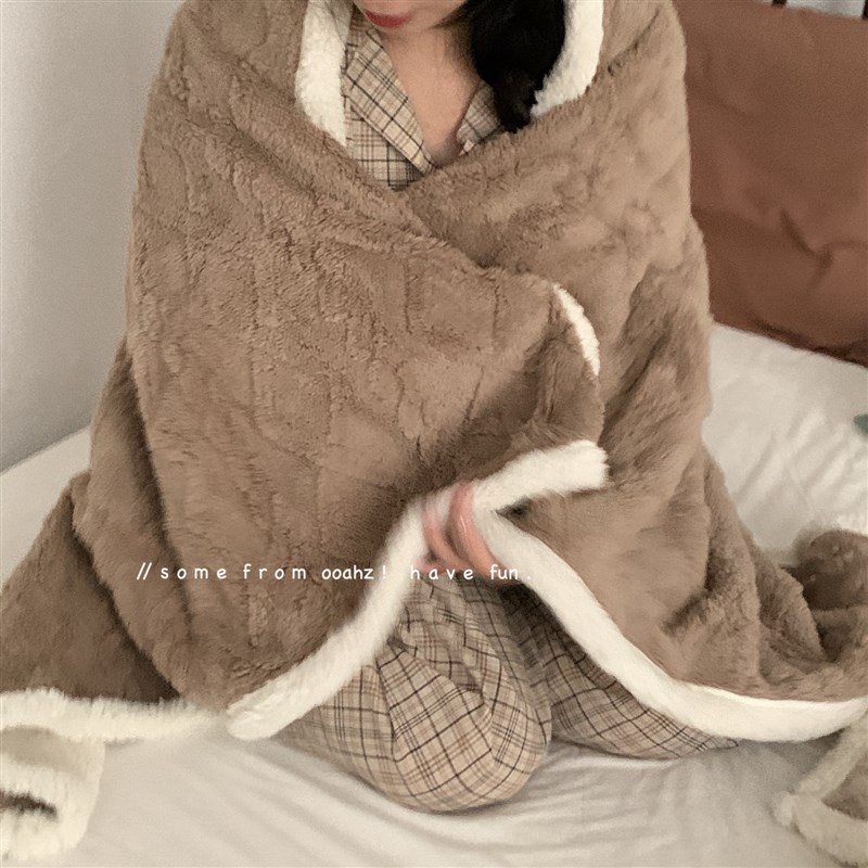 保持温热感~纯色塔m芙绒毛毯秋冬提花双层加厚大朵羊羔绒休闲毯子