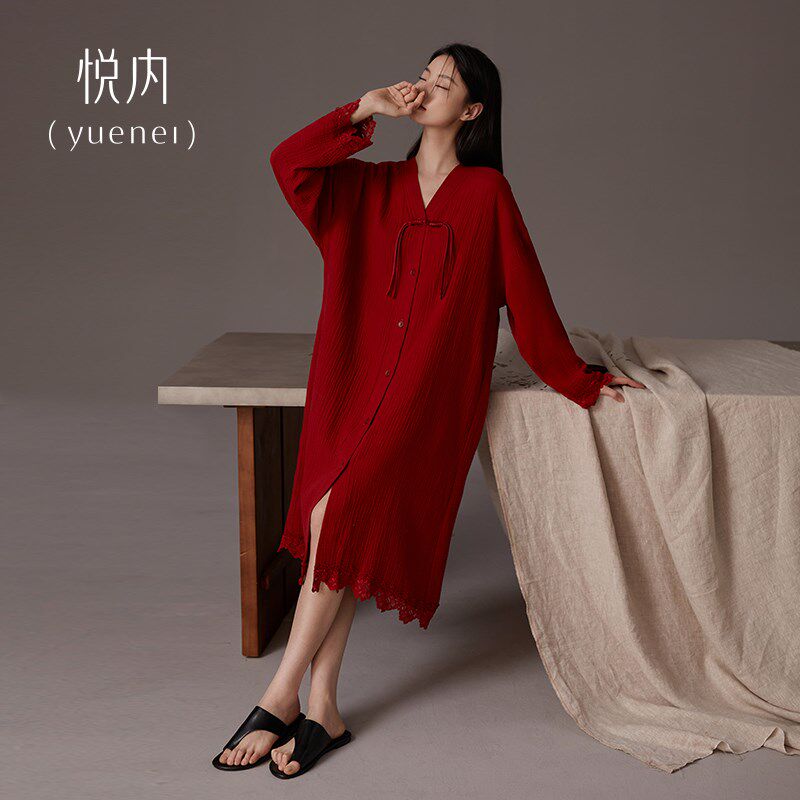 睡裙女士睡衣春秋季纯棉长袖睡袍本命年红M色龙年中国风新中式结