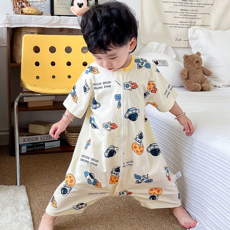 24新款宝宝睡袋k儿童夏季睡衣短袖纯棉男童夏天连体护肚防踢被婴