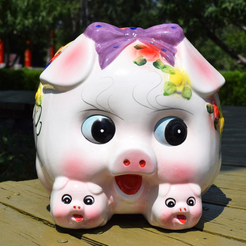 超大号蝴蝶d结陶瓷小猪存钱罐招财金猪储蓄罐猪硬币储钱罐客厅摆