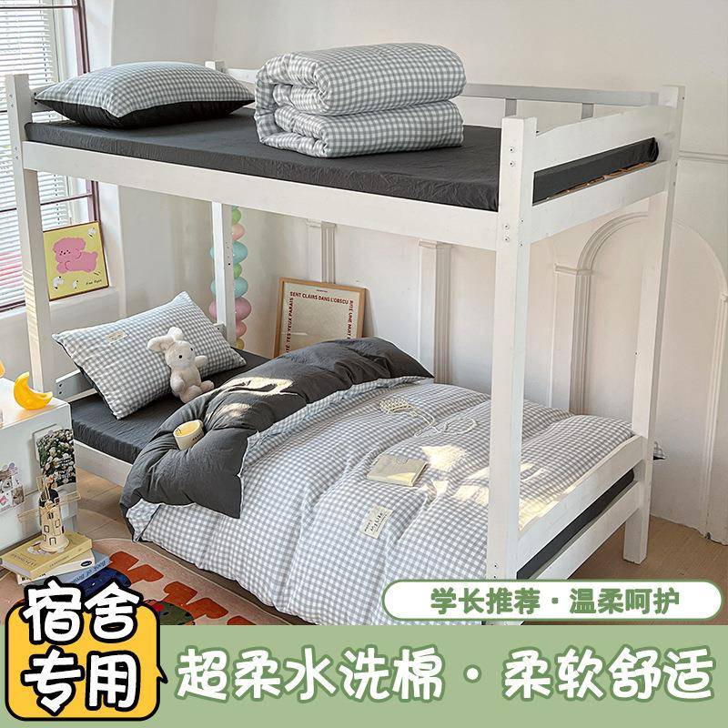 2024新款超柔水洗棉贴布绣亲肤双拼学生宿舍三件套床单床笠
